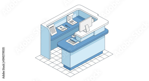 Isometric Illustration of a Modern Office Reception Desk.