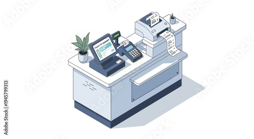 Isometric illustration of a modern point of sale system with cash register and printer.