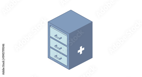 Isometric Medical Cabinet with Three Drawers and Health Cross Symbol.