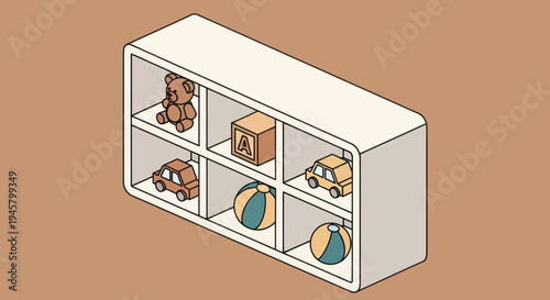 Isometric Illustration of a Toy Shelf with Various Childrens Playthings.