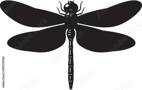 Black silhouette of a dragonfly with spread wings also transparent background insect