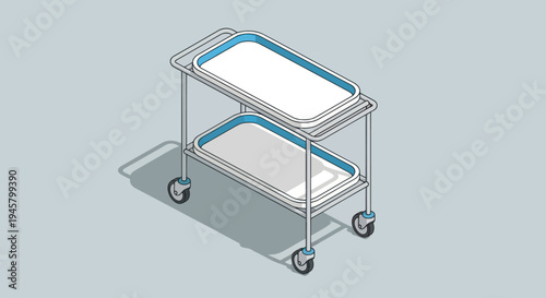 Isometric Medical Trolley with Two Shelves and Wheels.