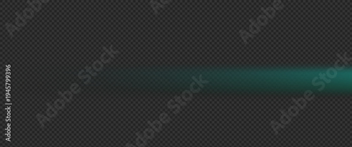 Horizontal turquoise light beam with soft glow effect on dark transparent background. Realistic cyan lens flare and bright neon ray for cinematic photo editing and tech design