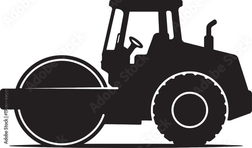 Black silhouette of a road roller heavy machinery with large wheels also transparent background construction vehicle