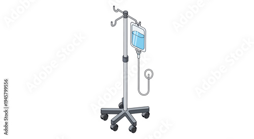 Medical IV drip stand with fluid bag for patient treatment.