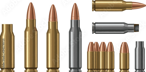 Rifle and Pistol Ammunition Cartridge Set Featuring Realistic Bullet Casings and Caliber Variations for Military, Ballistics, and Firearm Illustration