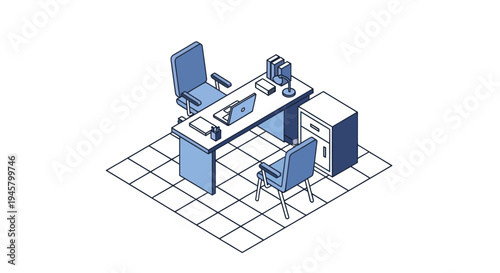 Modern Office Desk Setup with Chairs and Filing Cabinet.
