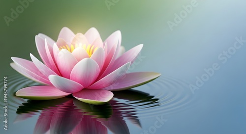 Shining white lotus floating on water with soft ripples. Elegant symbol of purity and serenity for yoga studio and spa advertisements.