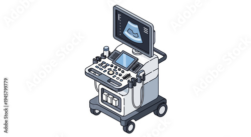 Modern Ultrasound Machine with Screen and Controls on Wheels.