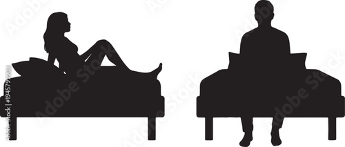 Silhouette of a woman sitting on a sofa with legs crossed and a man sitting on a chair also transparent background