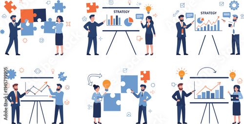 Business strategy planning and teamwork concept with professionals analyzing charts brainstorming ideas solving puzzles and presenting growth reports vector illustration