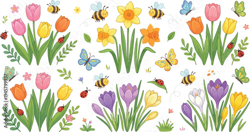Colorful spring flower bouquets with flying butterflies and bees in cartoon style