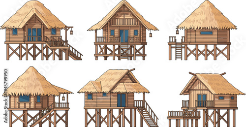Tropical Beach Hut and Stilt House Collection Featuring Wooden Bungalows with Thatched Roofs for Island Resort, Coastal Travel, and Vacation Design