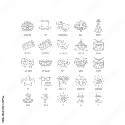 A collection of 25 line illustrations of theatre and circus icons