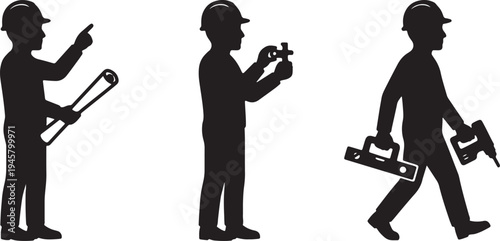 Silhouettes of three construction workers holding tools and walking also transparent background