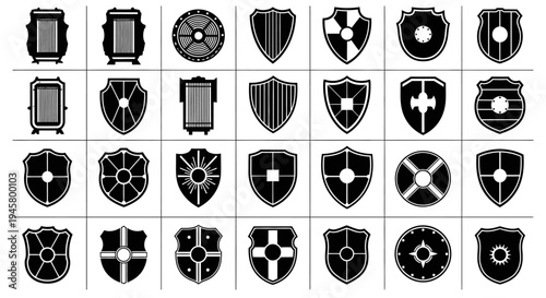 Collection of 30 black and white heraldic shield icons with various designs and patterns on white background for logo or symbol use