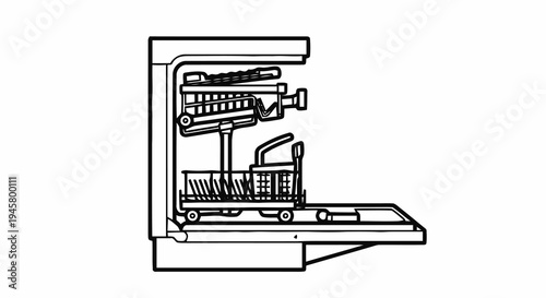 Line art illustration of an open dishwasher with racks and a cutlery basket, side view, simple black and white outline drawing of a kitchen appliance