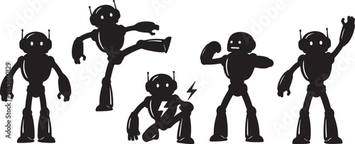 Six black silhouetted robots performing different poses and actions isolated on white background also transparent background