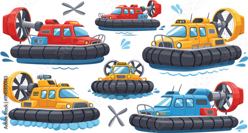 Hovercraft Rescue and Transport Vehicle Collection Featuring Amphibious Air Cushion Boats for Water Rescue, Coast Guard, and Marine Transportation Design