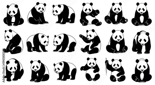 Collection of black and white panda bear illustrations in various poses on a plain white background for design use