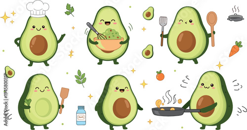 Cute cartoon avocado chef characters cooking healthy food with pan spoon fork and ingredients adorable fruit mascot vector illustration set