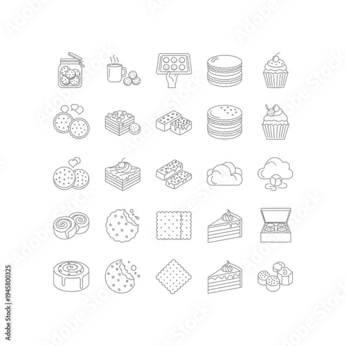 A collection of line drawings of different types of cakes and desserts