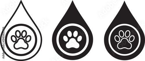 Three black and white droplet each containing a paw print inside also transparent background symbol