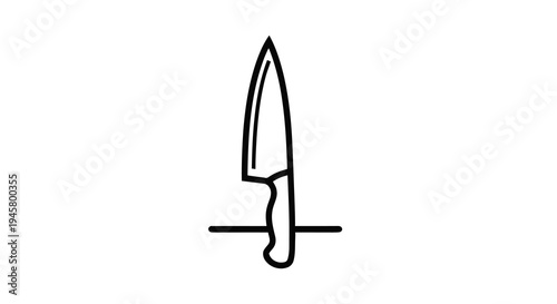 Chef knife icon standing on a surface, simple line art illustration