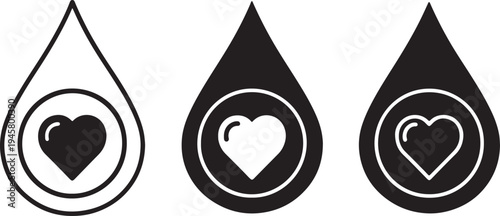 Three black and white tear drop shapes each containing a heart also transparent background heart black
