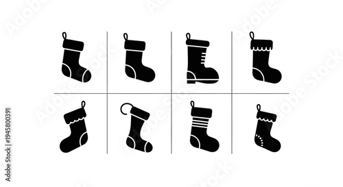 Collection of black christmas stocking icons with various designs on white background for holiday decoration