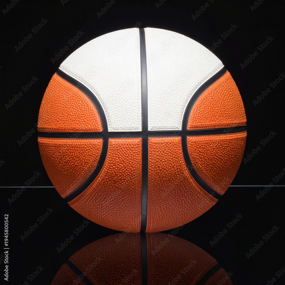 Fototapeta premium Basketball on reflective surface showcases orange and white sports ball for design elements.