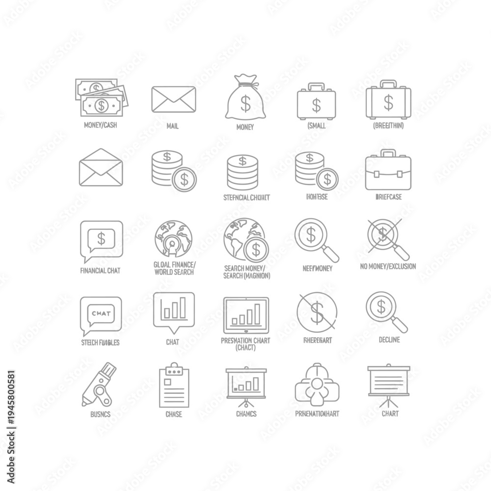 Fototapeta premium A collection of black and white icons related to business and finance