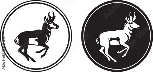 Two circular featuring black and white silhouettes of a jumping deer with antlers also transparent background