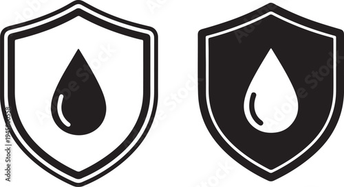 Two contrasting shield with black and white color schemes featuring stylized water drop symbols also transparent background