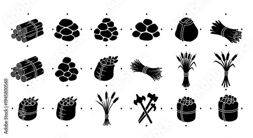 Black silhouettes of bundled firewood and logs with tools on white background for design and decoration