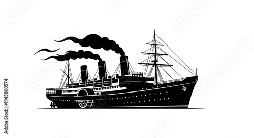 Vintage ocean liner ship sailing with smoke from chimneys on a plain white background