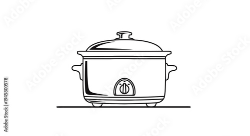 Line art illustration of a slow cooker or crock pot with a lid, kitchen appliance for cooking stews and soups, simple black and white drawing