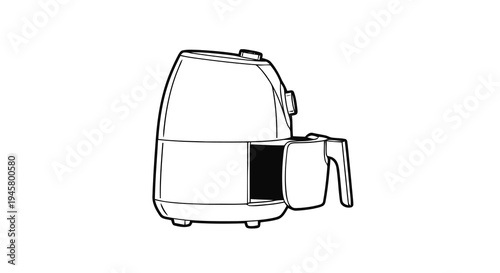 Line art illustration of a modern kitchen air fryer appliance with the cooking basket partially pulled out