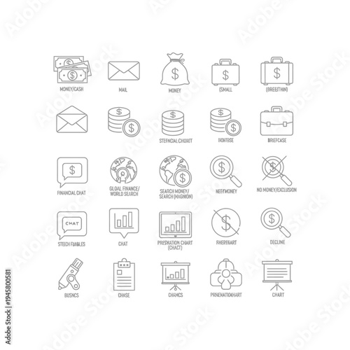 A collection of black and white icons related to business and finance