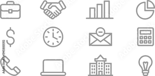 Collection of twelve grey business and finance including briefcase handshake graph pie chart dollar sign clock email calculator phone laptop building and lightbulb