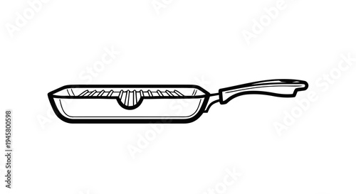 Vector illustration of a grill pan with a handle, kitchen cookware for frying steaks and vegetables, line art style icon