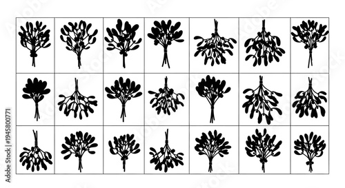 Collection of black floral silhouettes in grid arrangement for design and decoration purposes