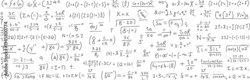 Handwritten mathematical equations and formulas on a white background with a chalk-like texture mathematics