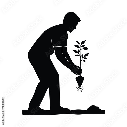 Man planting seedling silhouette - black and white garden scene with new life with white background