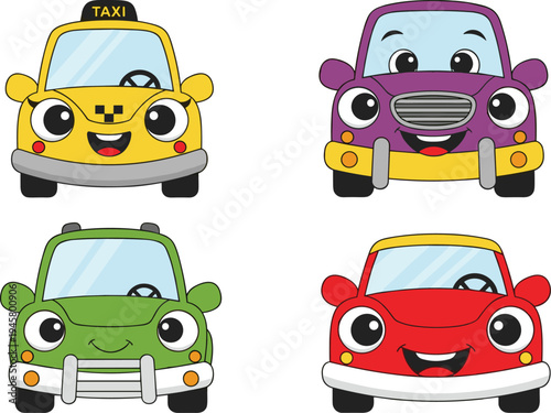 Cartoon colorful cars with smiling faces, anthropomorphic vehicles illustration, children fun artwork design, playful educational transport concept, modern entertainment graphic style