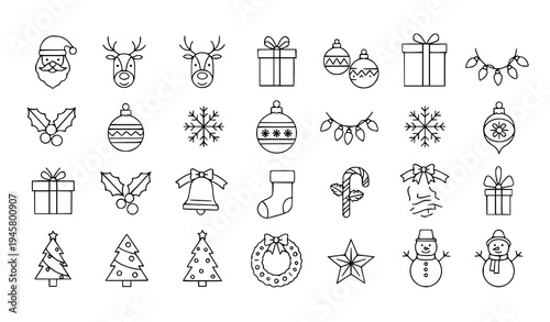 Minimalist Christmas vector icon set with thin line holiday decorations, gifts, ornaments, and festive symbols on white background