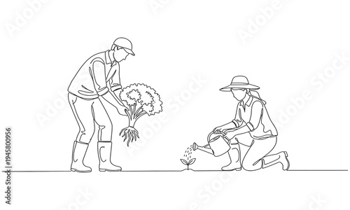 Single one line drawing of couple farmer was harvesting rice and there was also rice. Minimalism concept. One line draw graphic design vector illustration