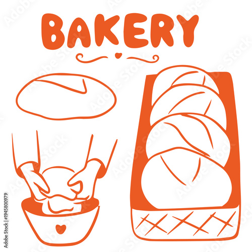 Bakery hand drawn doodle with kneading dough hands bread loaves baking illustration