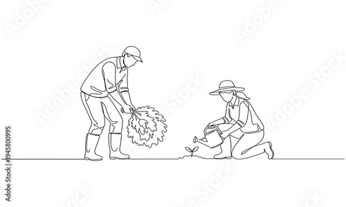 Single one line drawing of couple farmer was harvesting rice and there was also rice. Minimalism concept. One line draw graphic design vector illustration