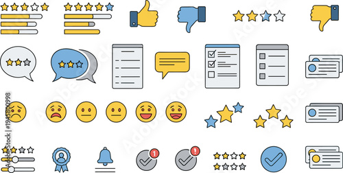 Customer Feedback Rating and Review Icon Set with Stars Emojis Checklist Thumbs Up Survey UI Elements Vector Illustration Collection